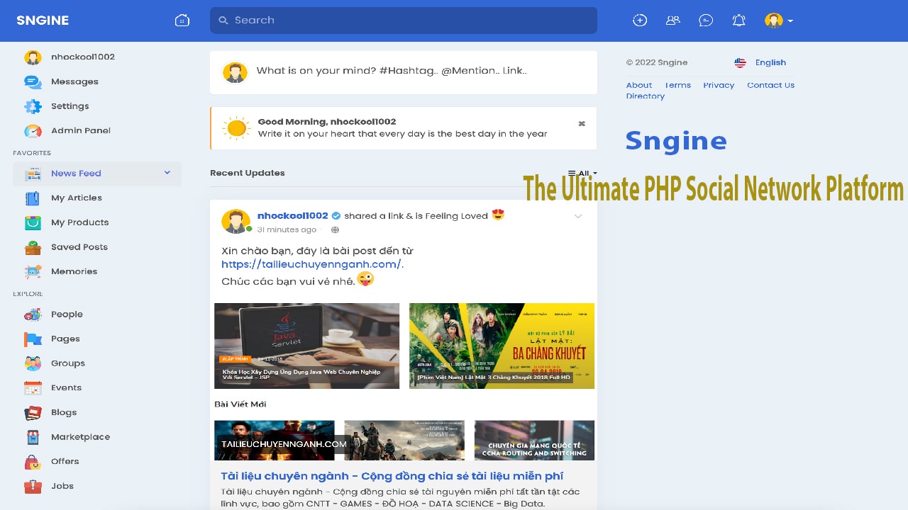 Chia sẻ mã nguồn Mạng xã hội Sngine - Giao diện tương tự Facebook (PHP)