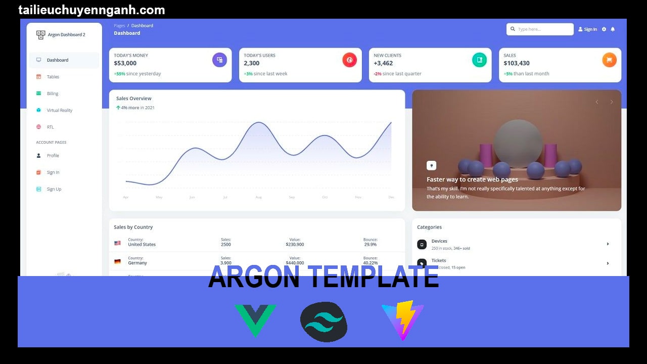 Chia sẻ giao diện Argon Template - VueJS3, Vite, TailwindCSS